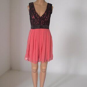 Black Lace and Coral Pleats Small Dress by Evita Gold NWT